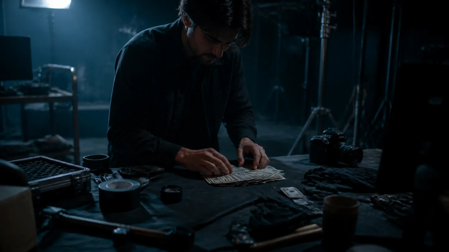 A filmmaker organizes fake dollar bills among film equipment in a studio setting.