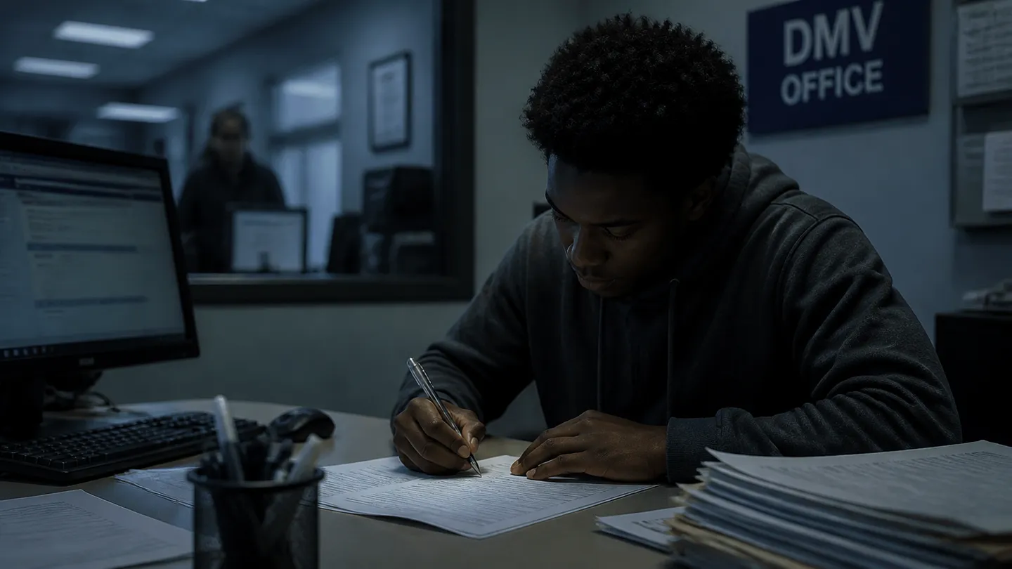 A person at a DMV office completing a driver's license application, showcasing the legitimate process.