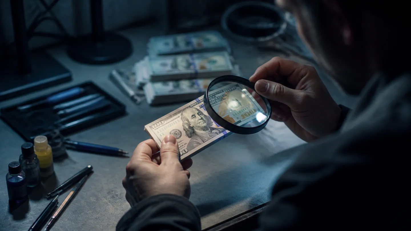 A person inspecting realistic prop money on a cluttered desk, surrounded by tools for identification
