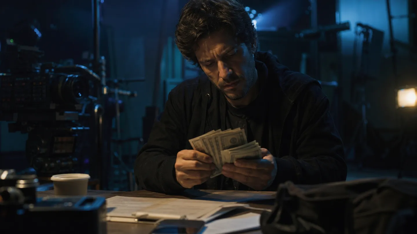 A filmmaker inspects realistic prop money on a cluttered film set, highlighting its importance for productions.
