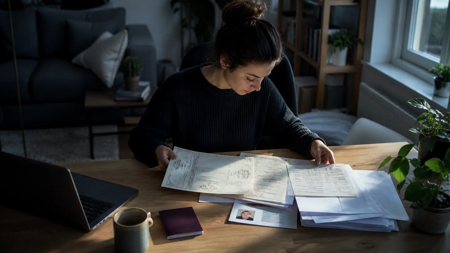 A person organizing UK passport application documents at a home desk, emphasizing legal preparation.