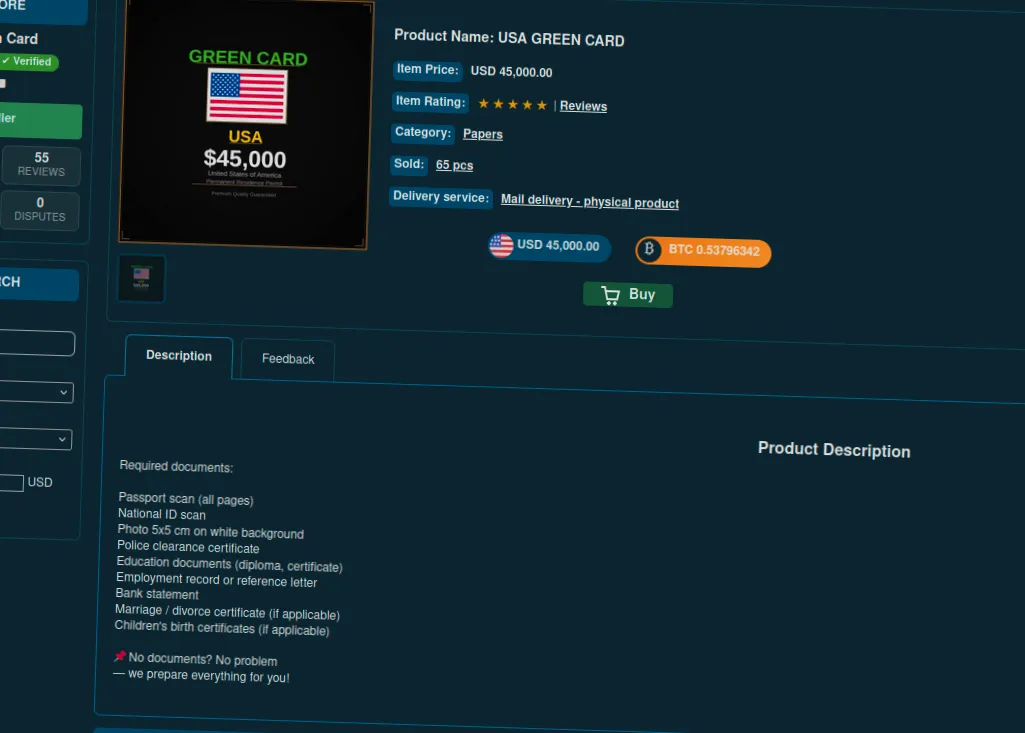 An advertisement offers a US green card for $45,000.