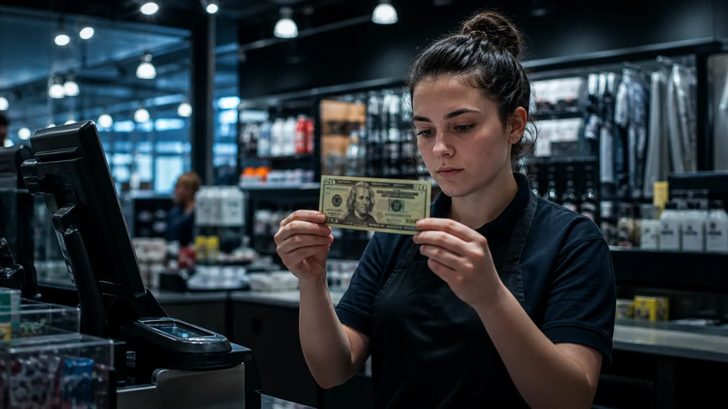 A cashier carefully checks a $20 bill for authenticity at the register in a retail store.