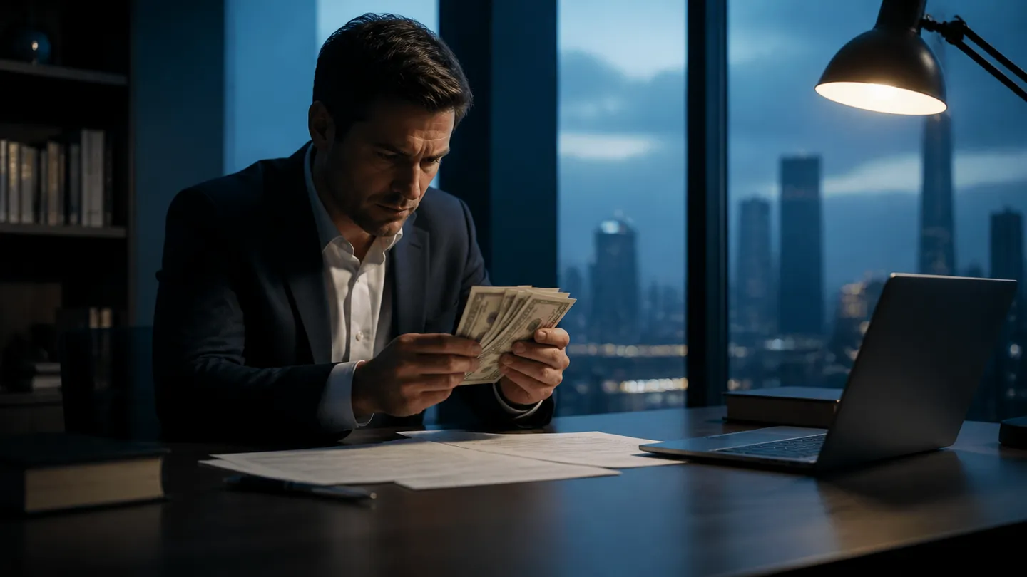 A person closely inspecting counterfeit cash at a modern office desk surrounded by legal documents.