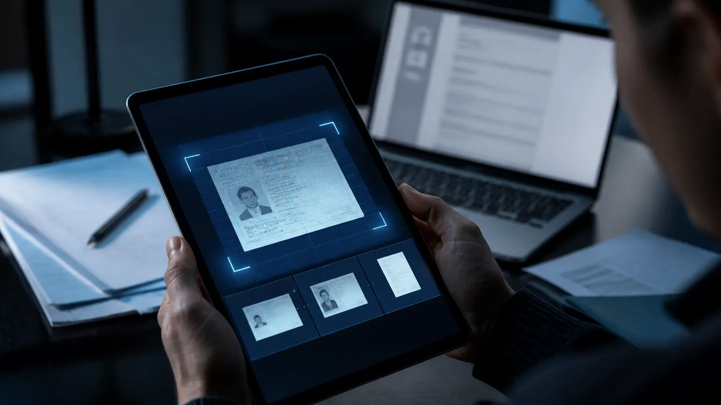 A person examining a document verification app on a tablet in an office setting with scattered documents.