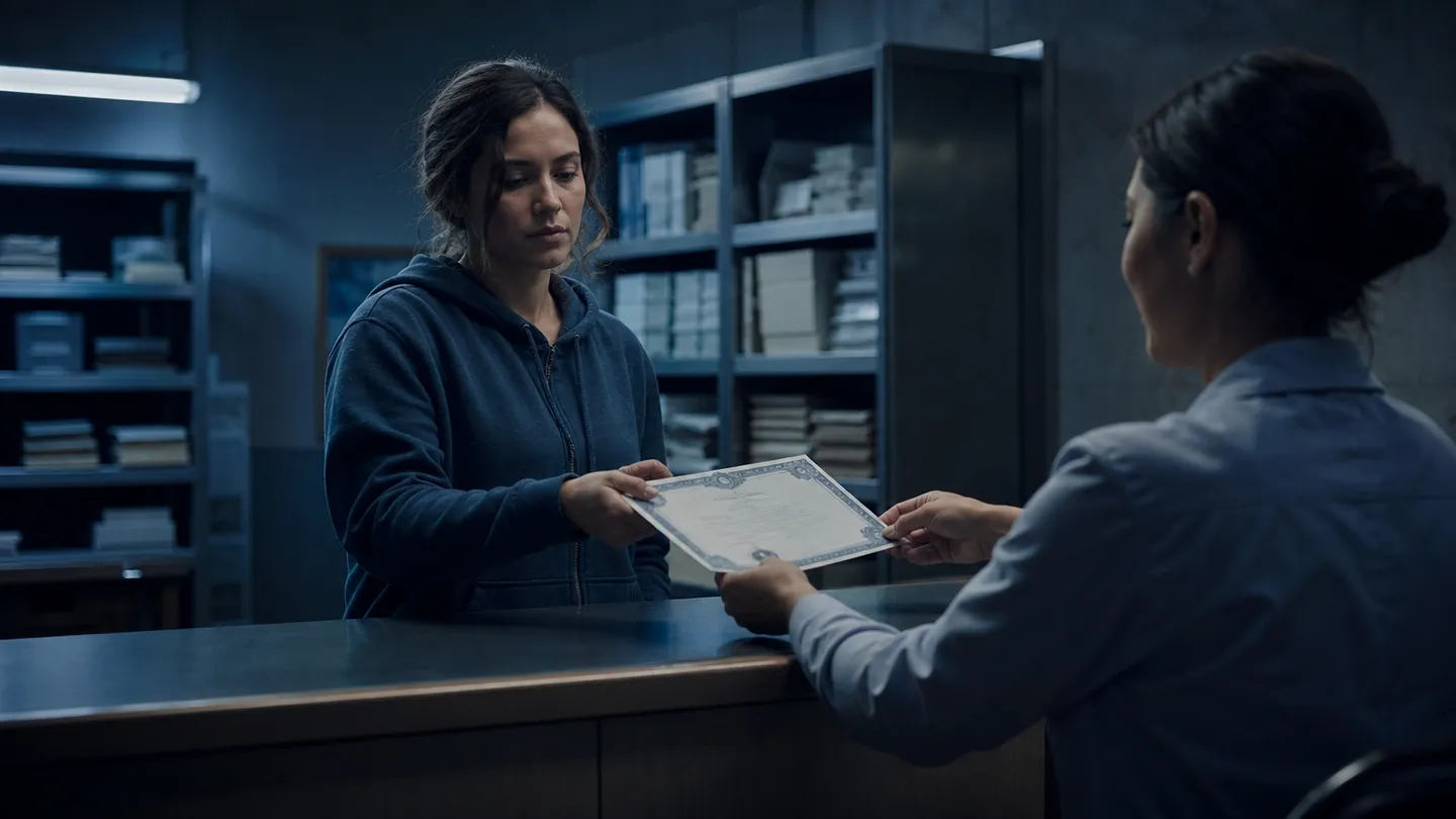 A person collects a certified birth certificate from a government office, illustrating safe document acquisition.