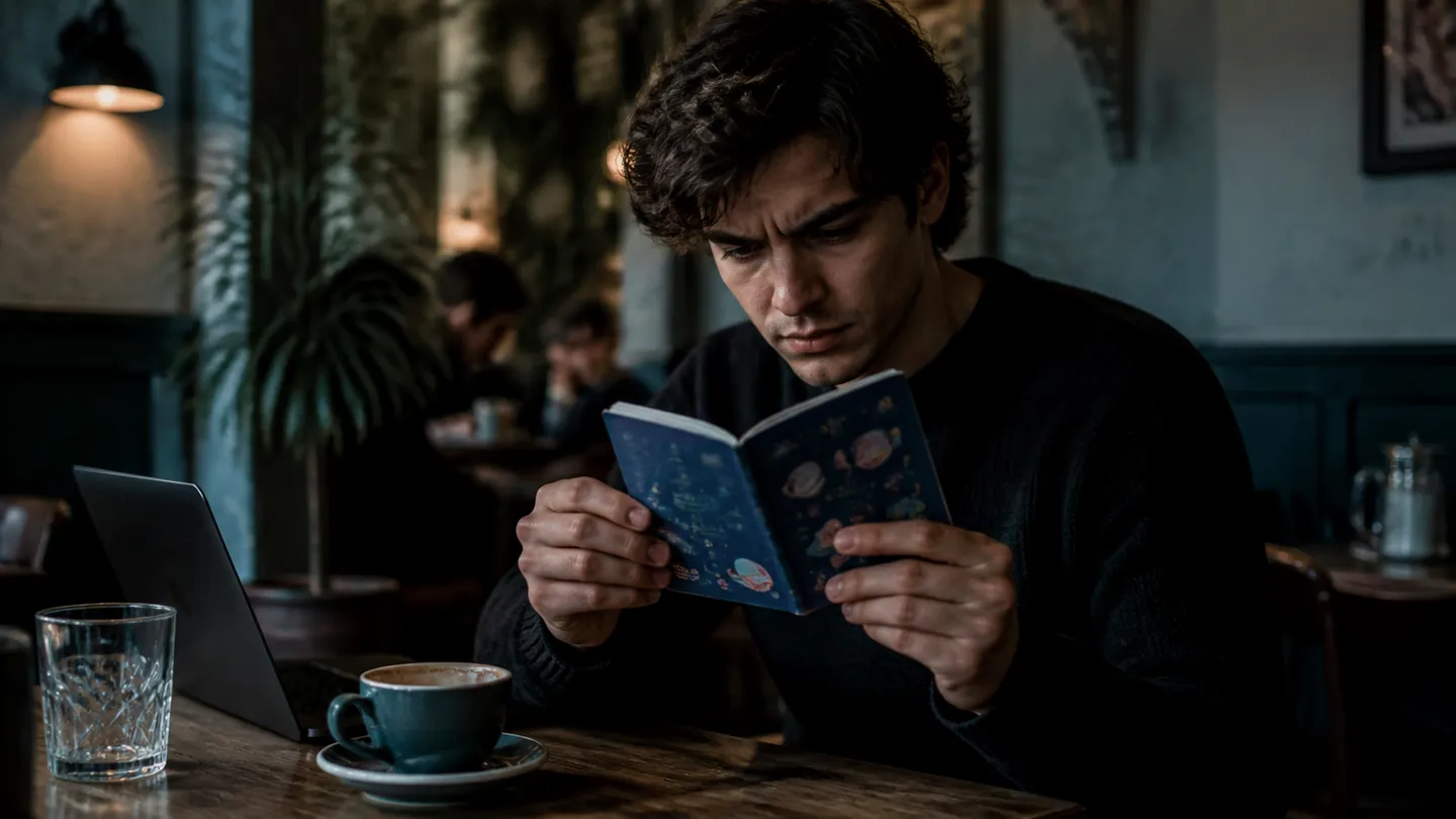 A person inspecting a novelty passport at a cafe, illustrating considerations for buying such items.