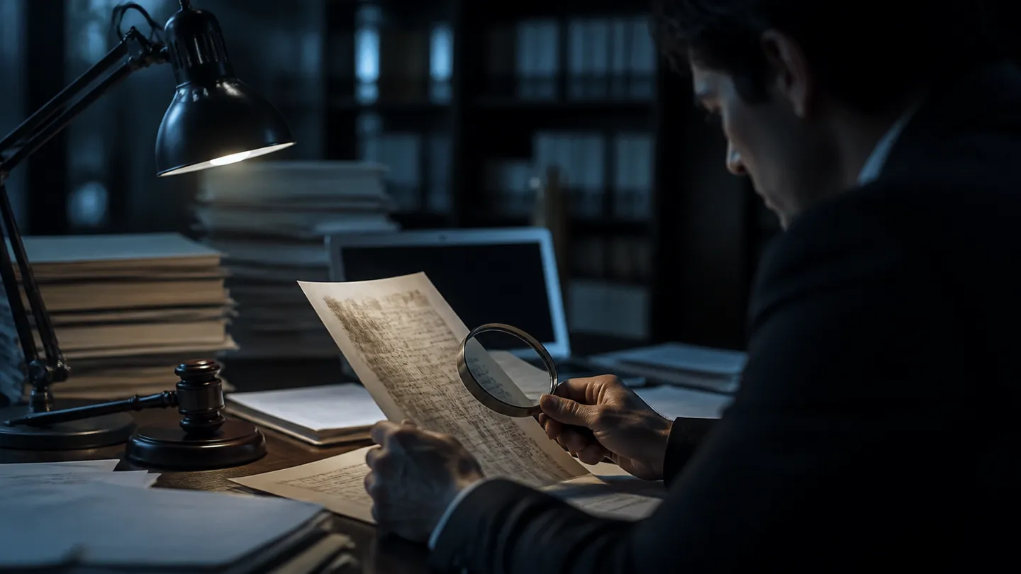 A person examining a forged document in a legal office, emphasizing the seriousness of fake document consequences.