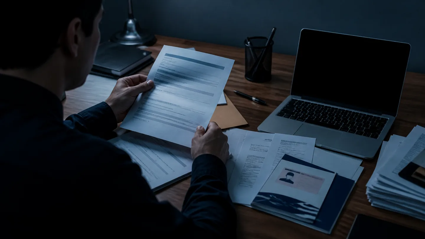 A person reviews work permit application documents, emphasizing the importance of legitimate processes in immigration.