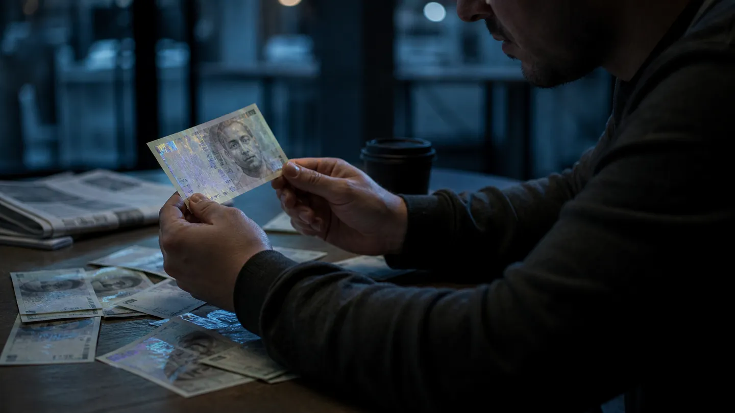 A person closely examining counterfeit banknotes at a café, focusing on security features.