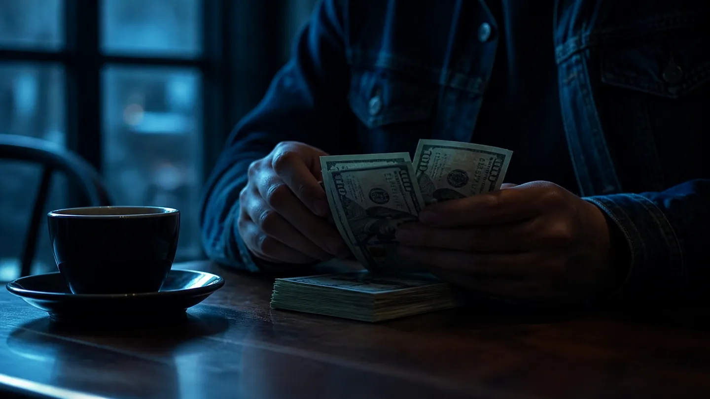 A person counting realistic prop $100 bills in a cozy cafe setting, illustrating the use of fake money for events.