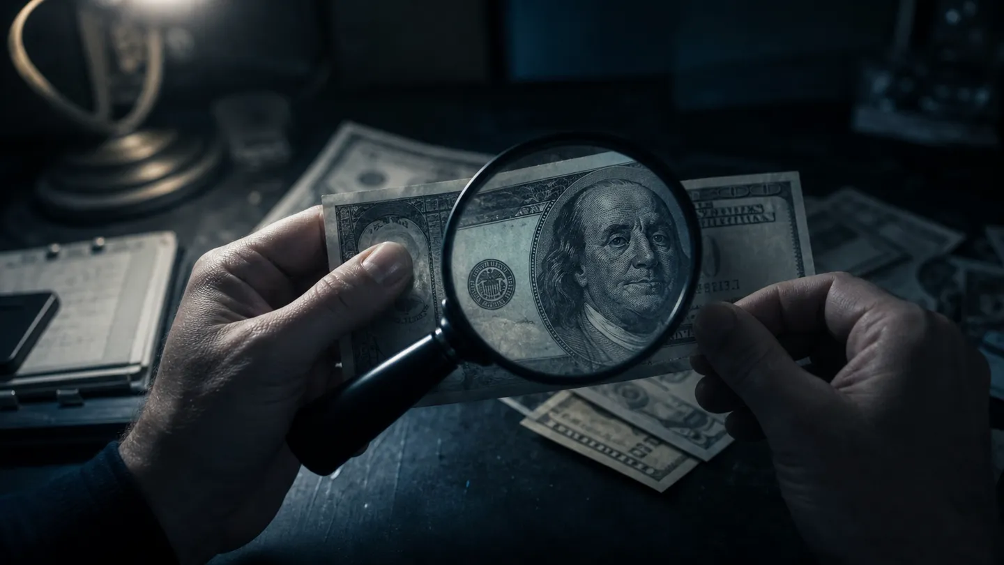 A person examining a 1996 series $100 bill with a magnifying glass, highlighting security features for counterfeit detection.