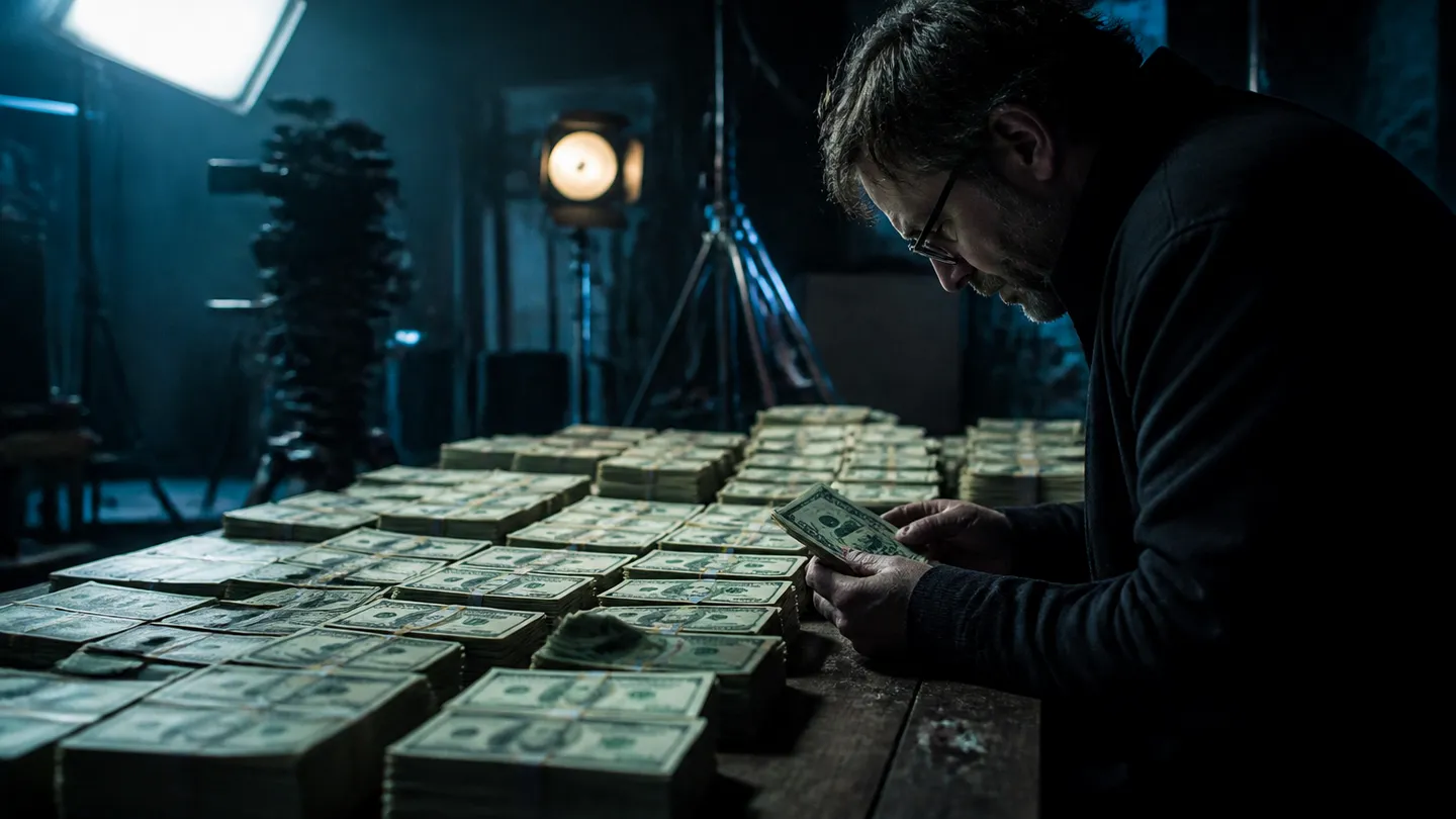 A filmmaker examining detailed stacks of prop money on a film set, highlighting its realism.