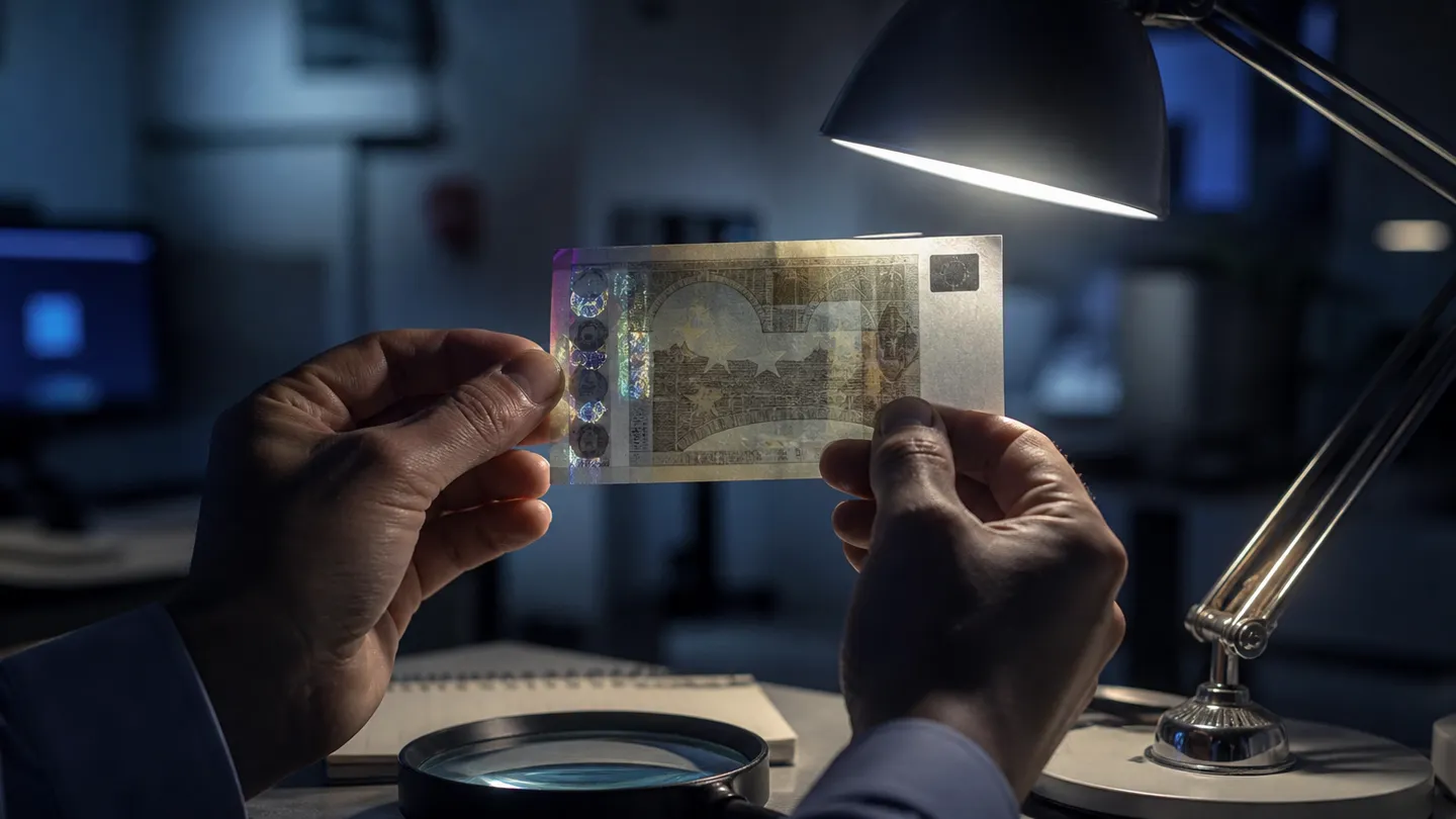 A person examining euro banknotes for counterfeiting features under a desk lamp.