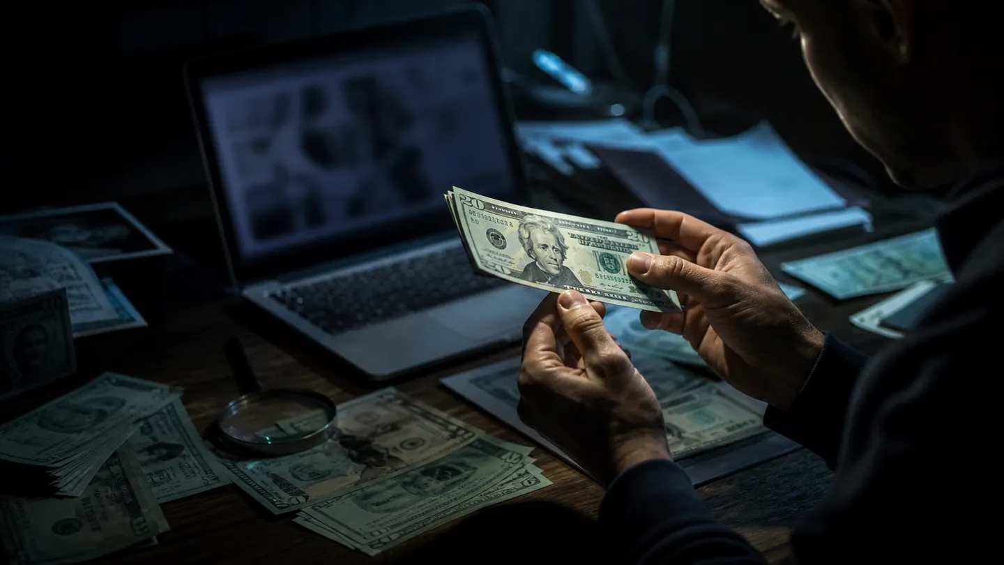 A person closely examining prop money on a desk, highlighting the differences from counterfeit bills.