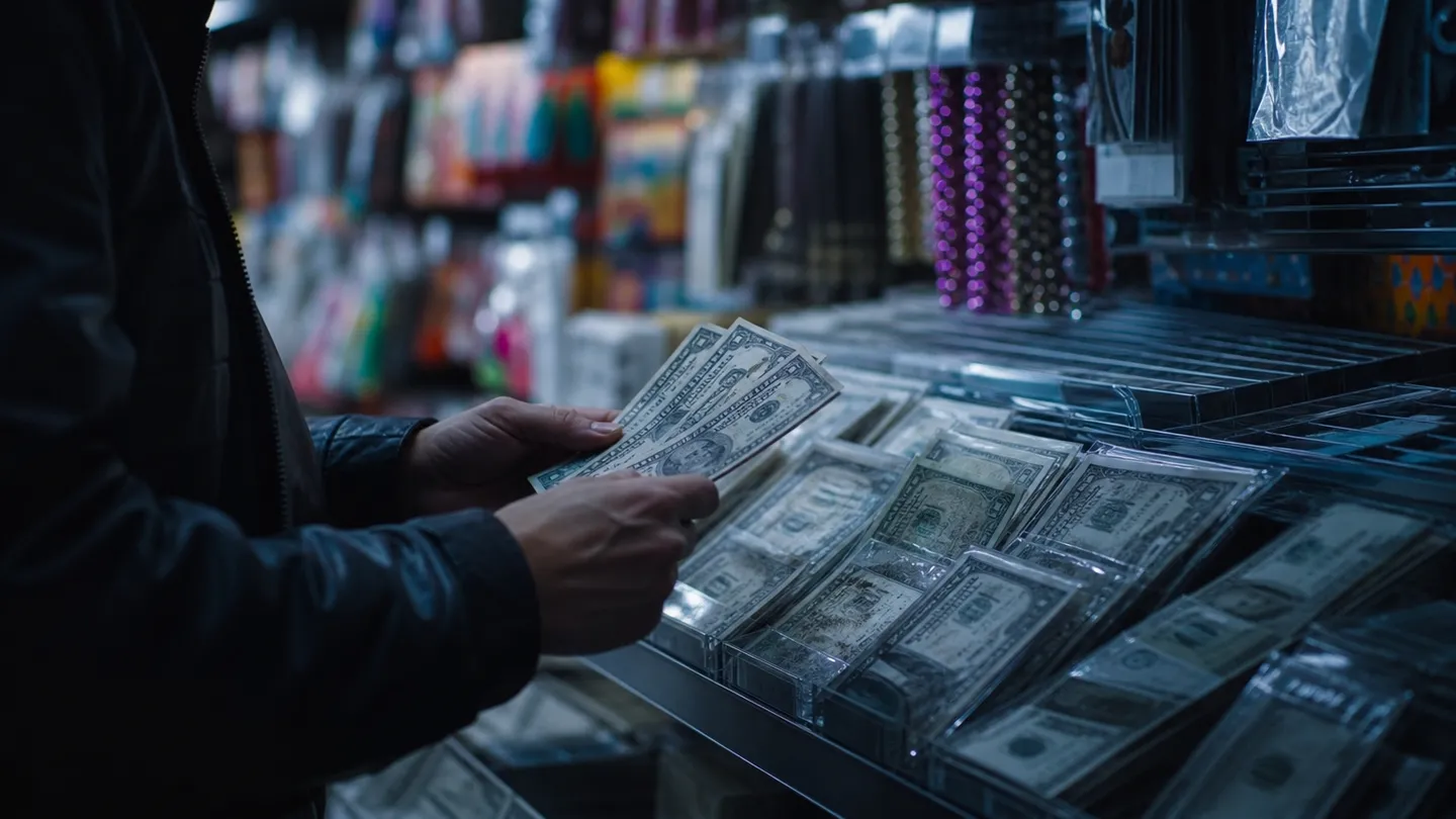 A shopper inspecting realistic prop money in a party supply store aisle, illustrating local availability for photo shoots.