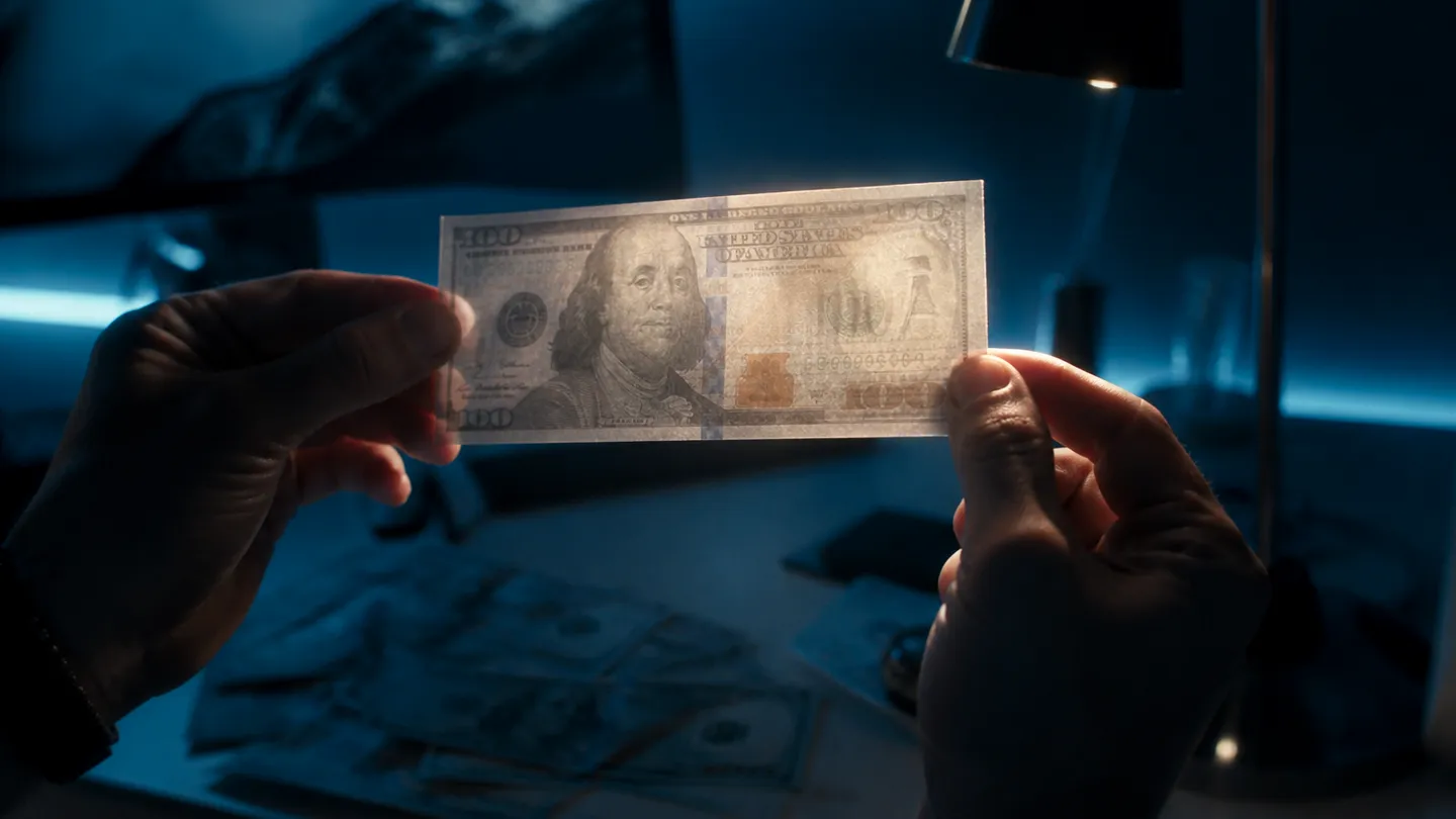 A person examining a $100 bill under bright light, showcasing security features relevant to spotting counterfeits.