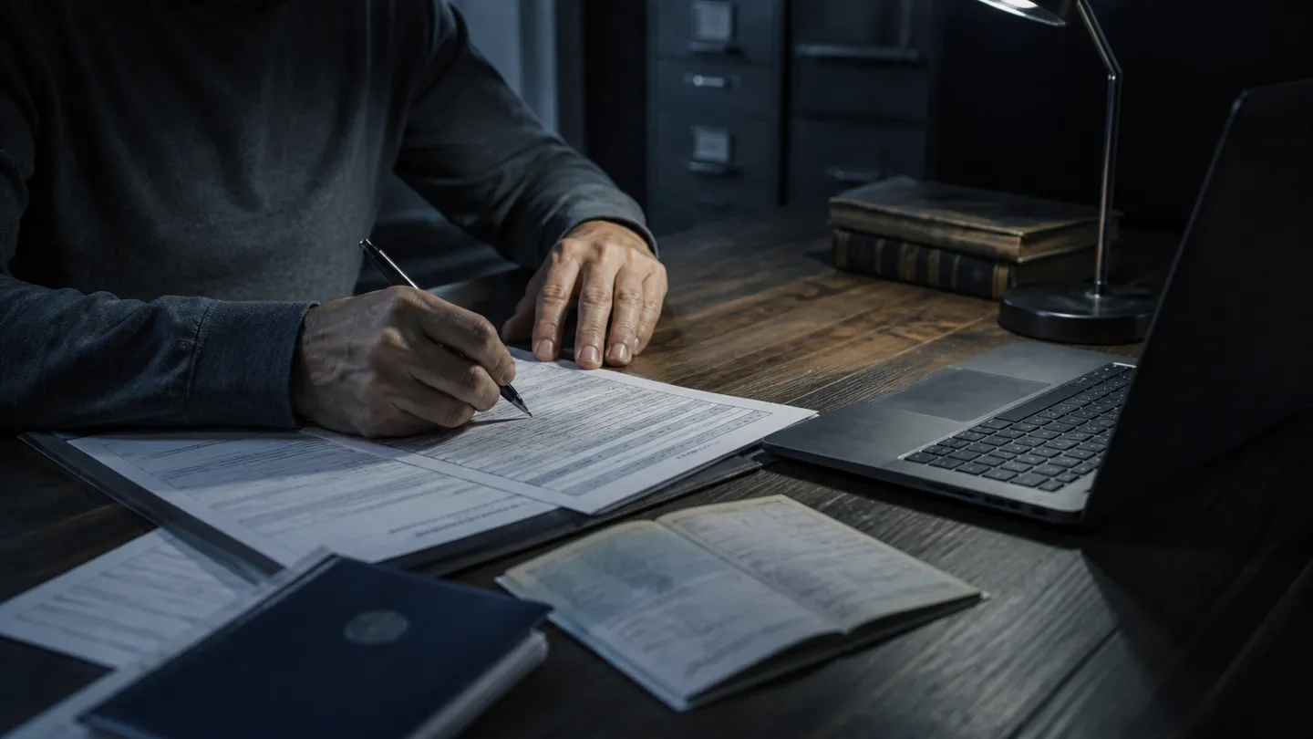 A person completing Form SS-5 while surrounded by identification documents, illustrating the legal process of obtaining an SSN.