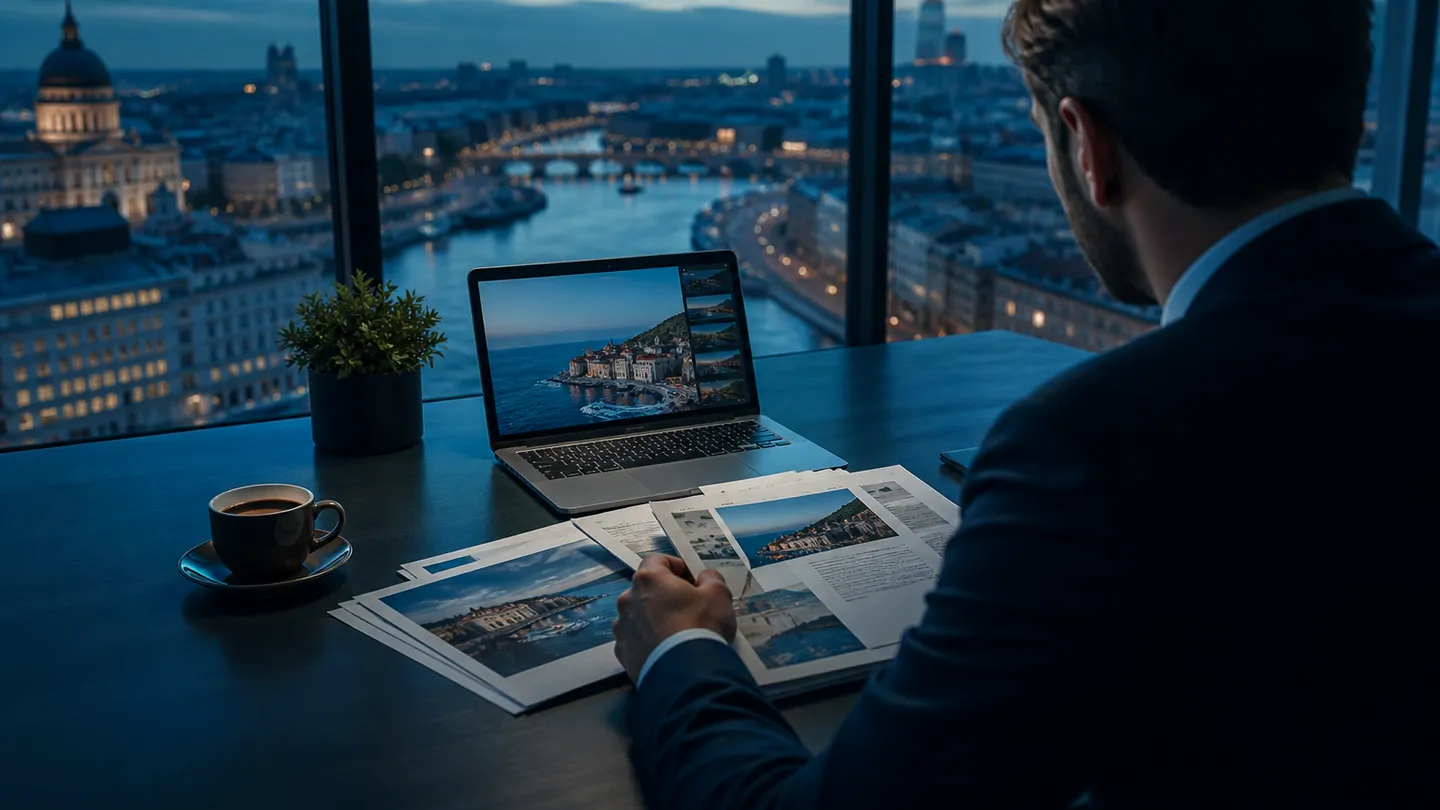 A person assessing various legal investment options for EU citizenship in a modern office setting.