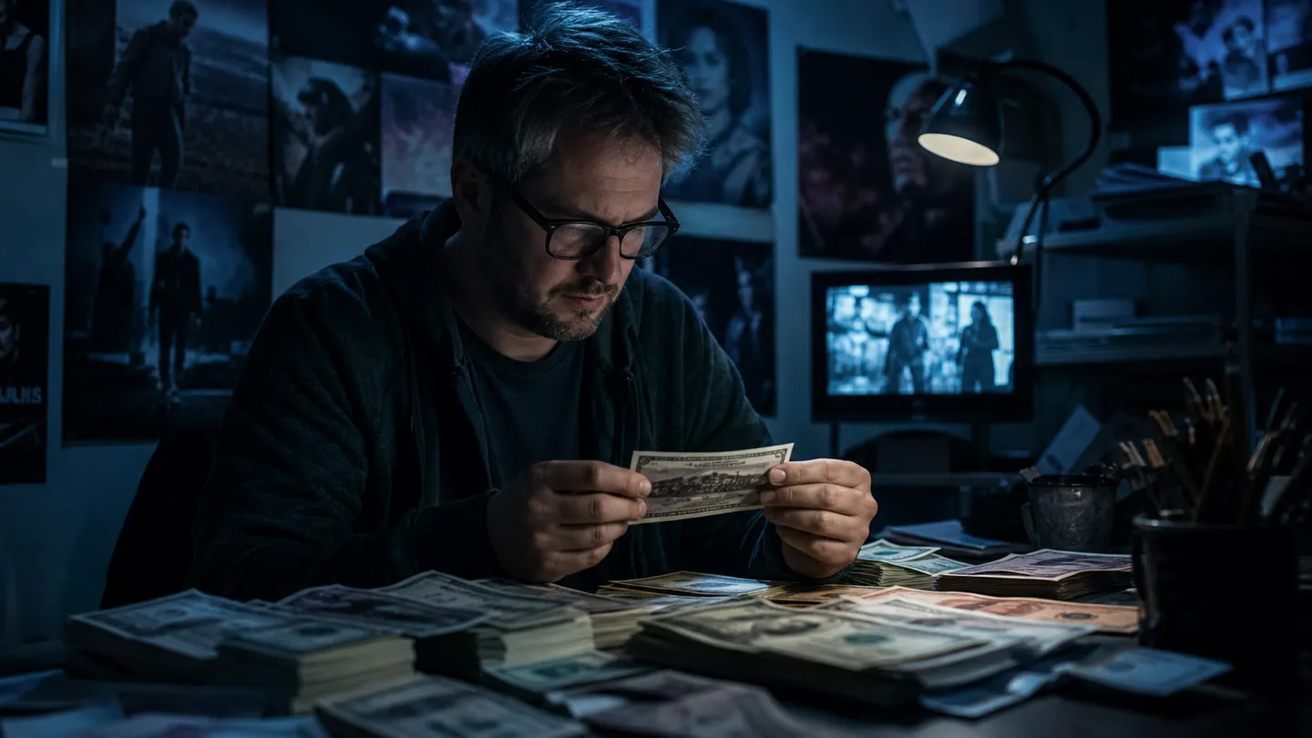 A filmmaker examining various types of realistic prop money at a production desk.