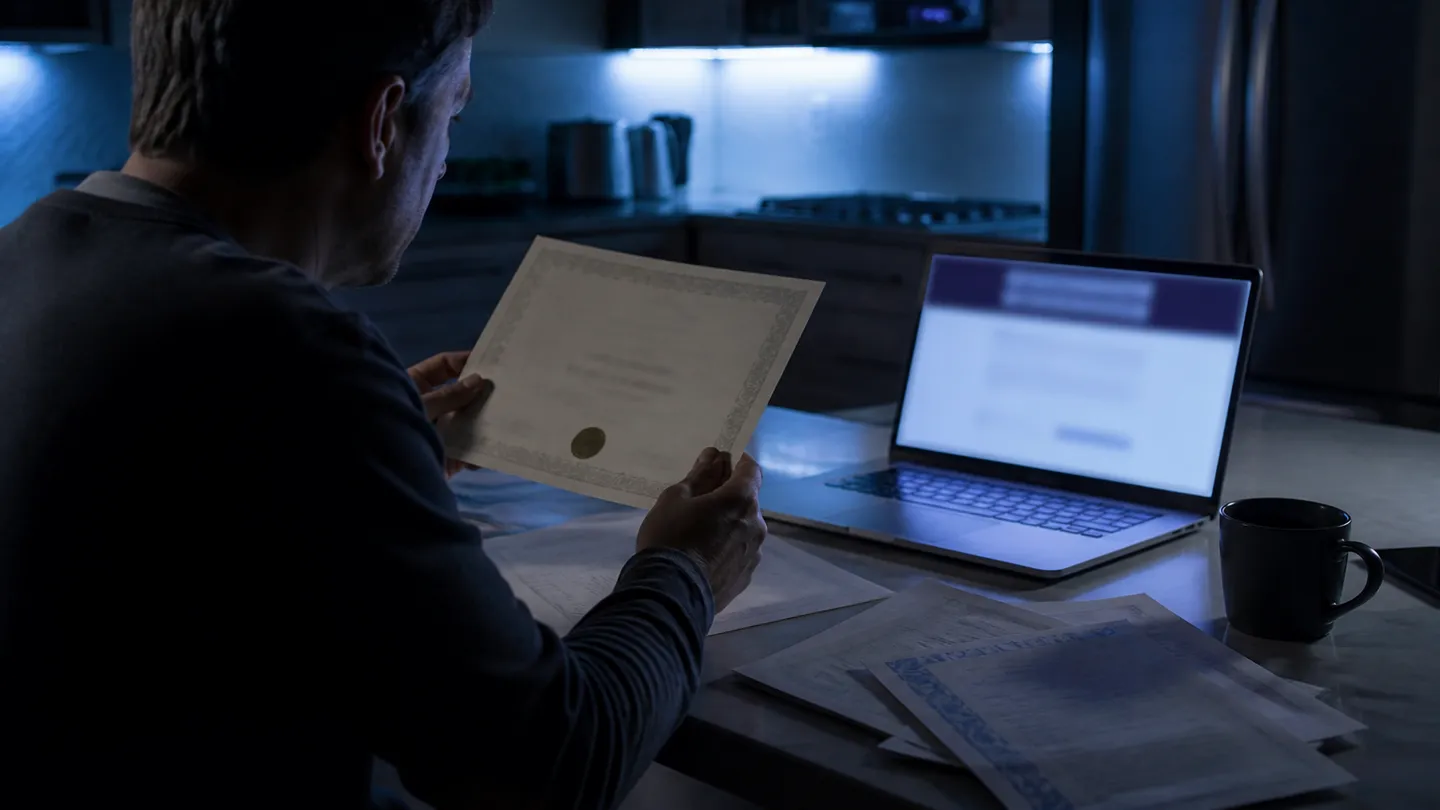 A person carefully examines a replica diploma among scattered academic documents in a cozy kitchen setting.