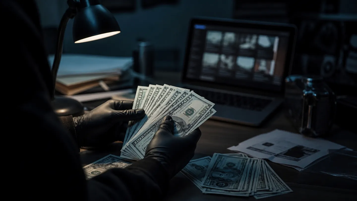 A person in a dimly lit room examining counterfeit banknotes, highlighting the risks of darknet purchases.