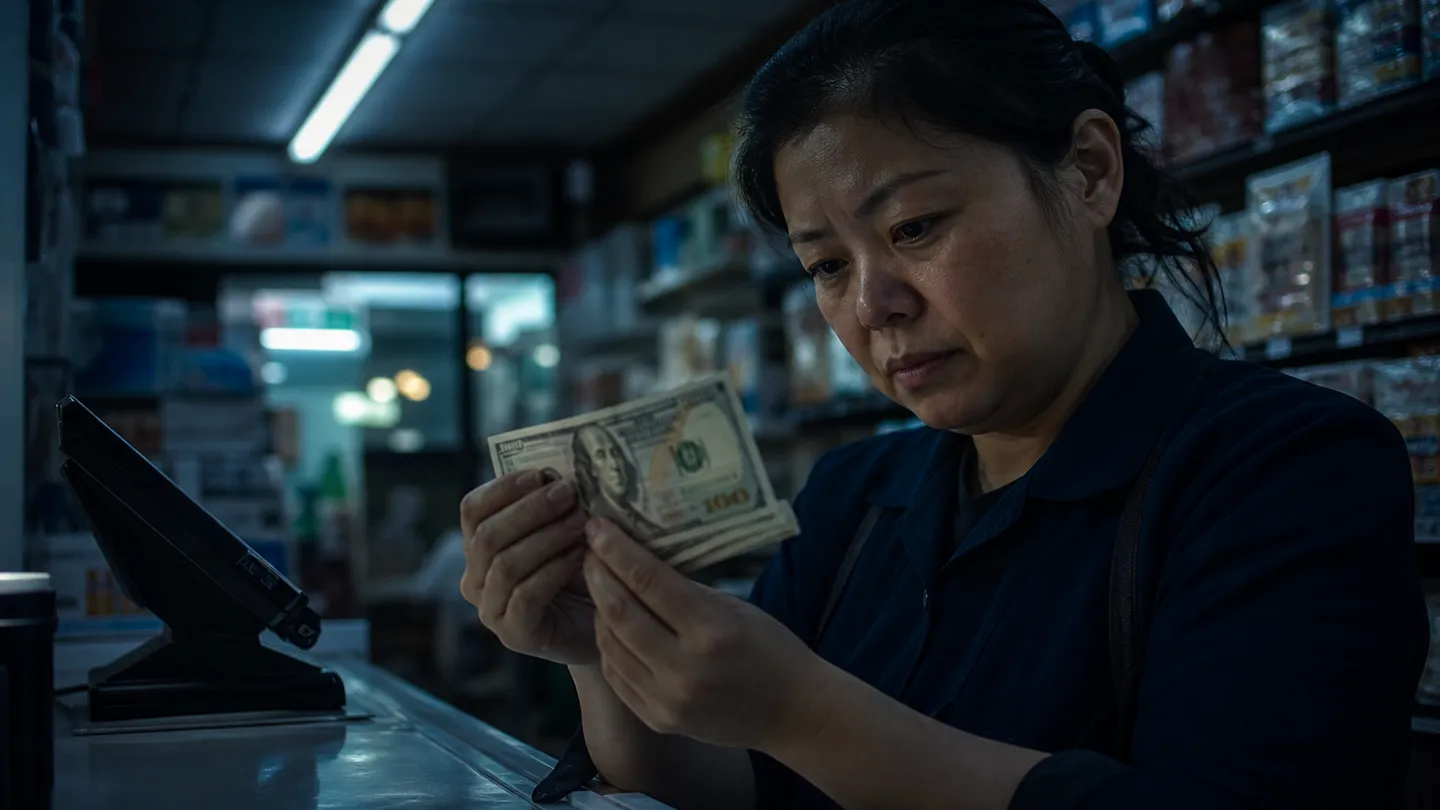 A cashier carefully inspects a stack of dollar bills, highlighting counterfeit detection techniques relevant to the article.