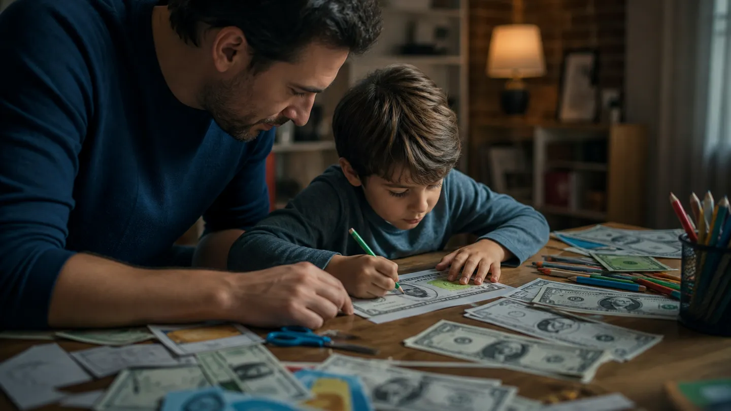 A parent and child engaged in making play money templates at home, emphasizing creativity and education.