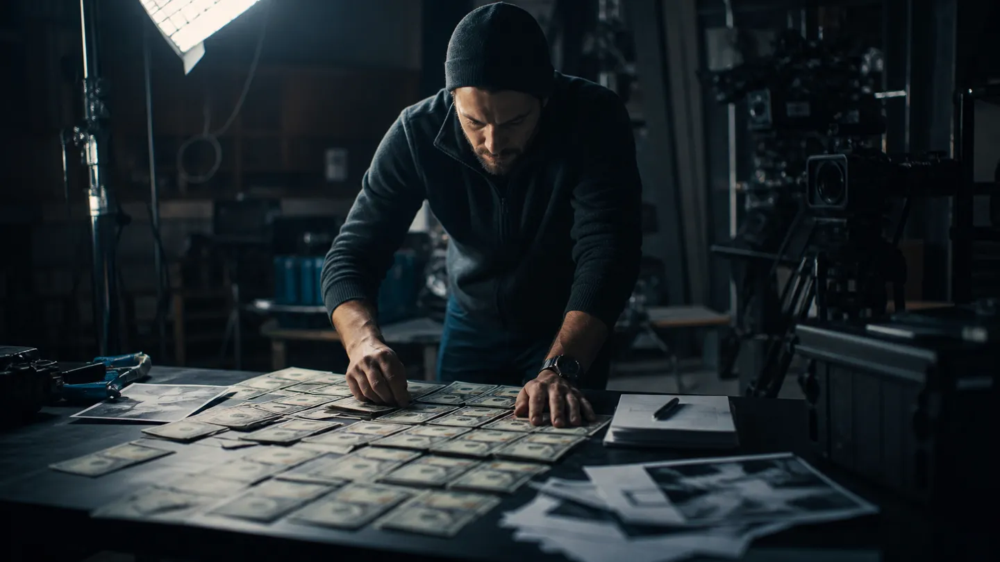 Filmmaker arranging realistic $100 prop money on a cluttered production table in a cinematic setting.