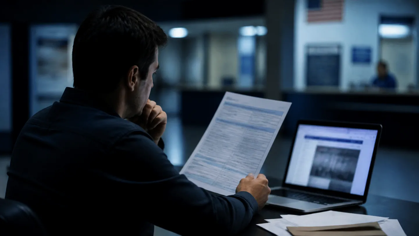 A person carefully reviewing a passport application form at a modern desk, highlighting the process of applying for a passport online.