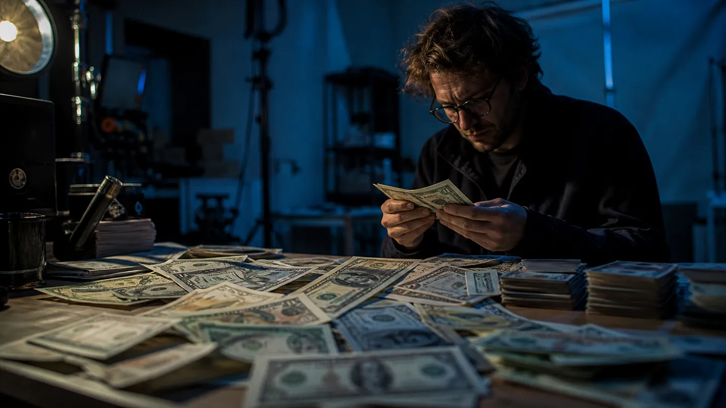 A person inspects realistic replica money on a film set, emphasizing safety and legality in prop purchases.