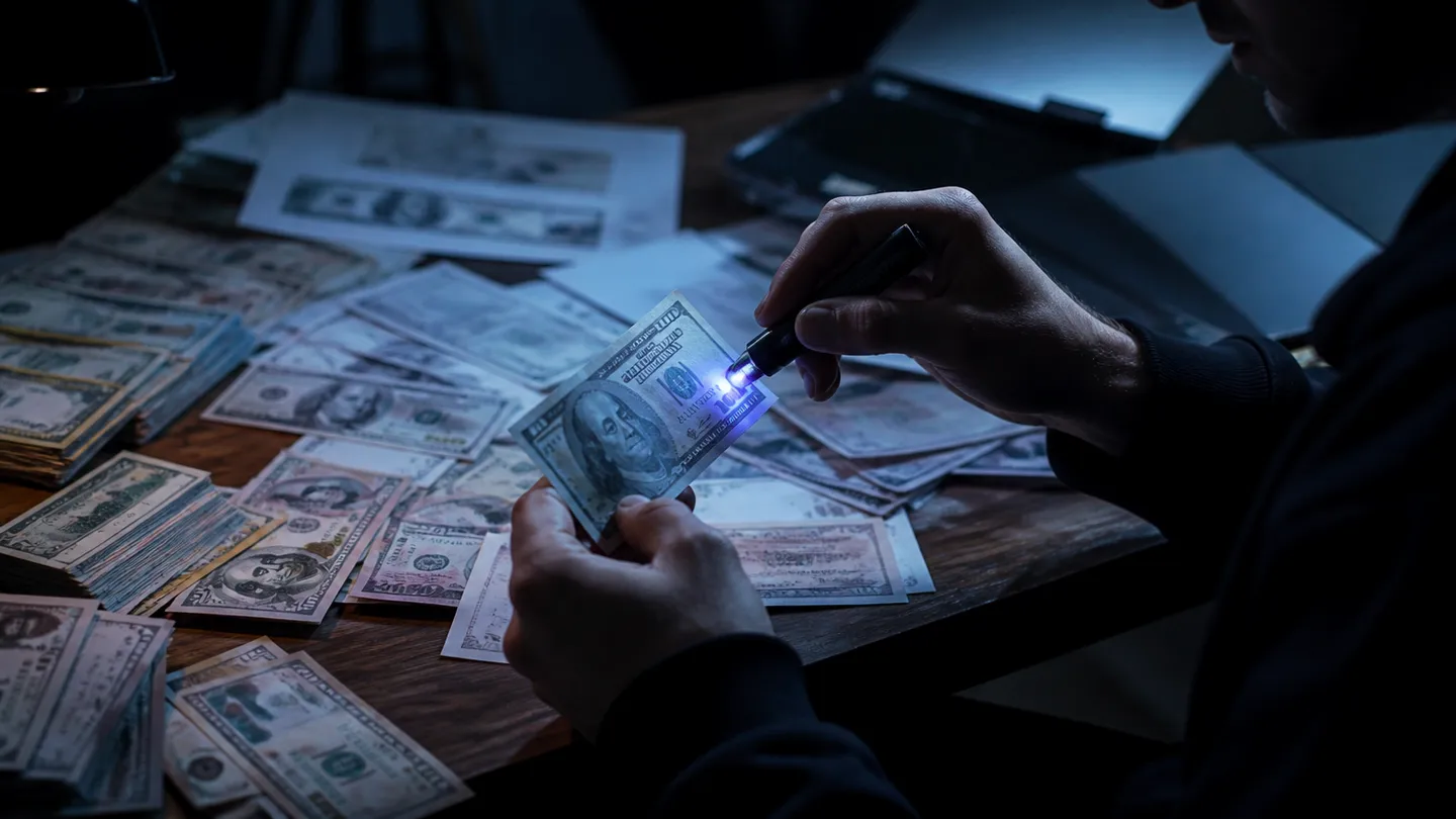 A person inspecting realistic counterfeit money with a detection pen in a dimly lit workspace.