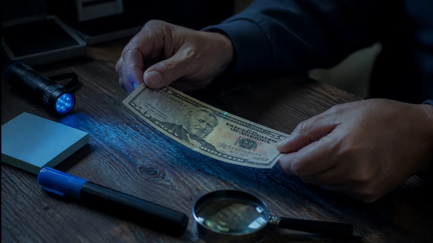 A person carefully inspecting a $50 bill with counterfeit-detection tools on a table.