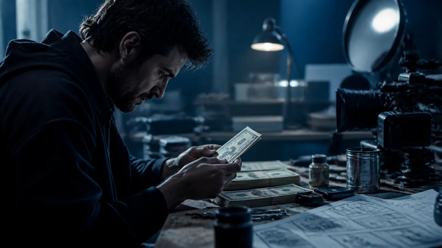 A filmmaker examines realistic replica money among production tools, highlighting the importance of quality props.