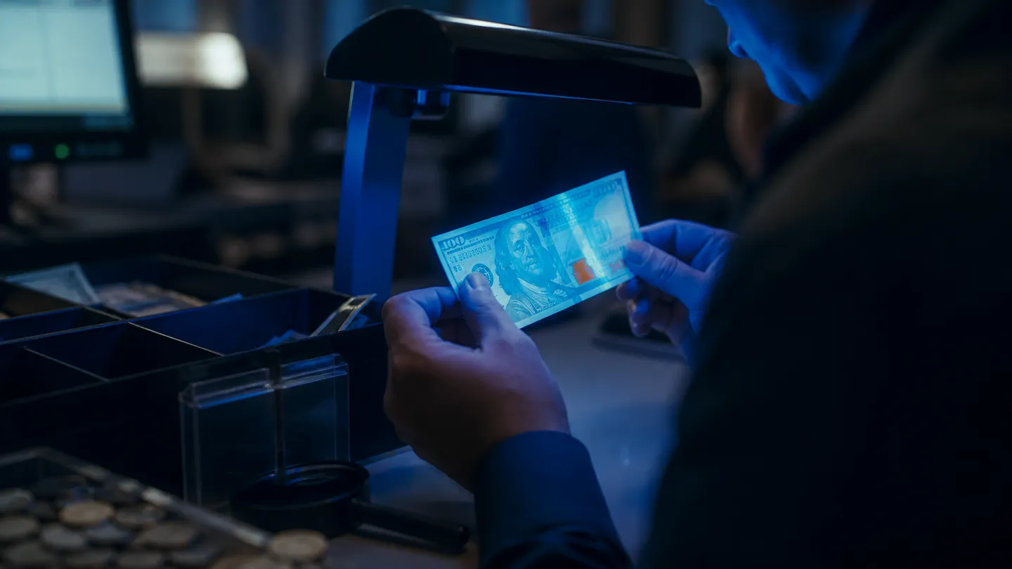 A cash handler examining a $100 banknote under UV light in a retail environment, highlighting security features.