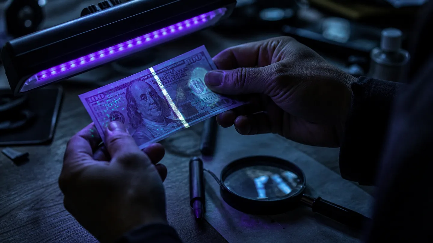 A person inspecting a U.S. dollar bill under UV light to identify counterfeit features.