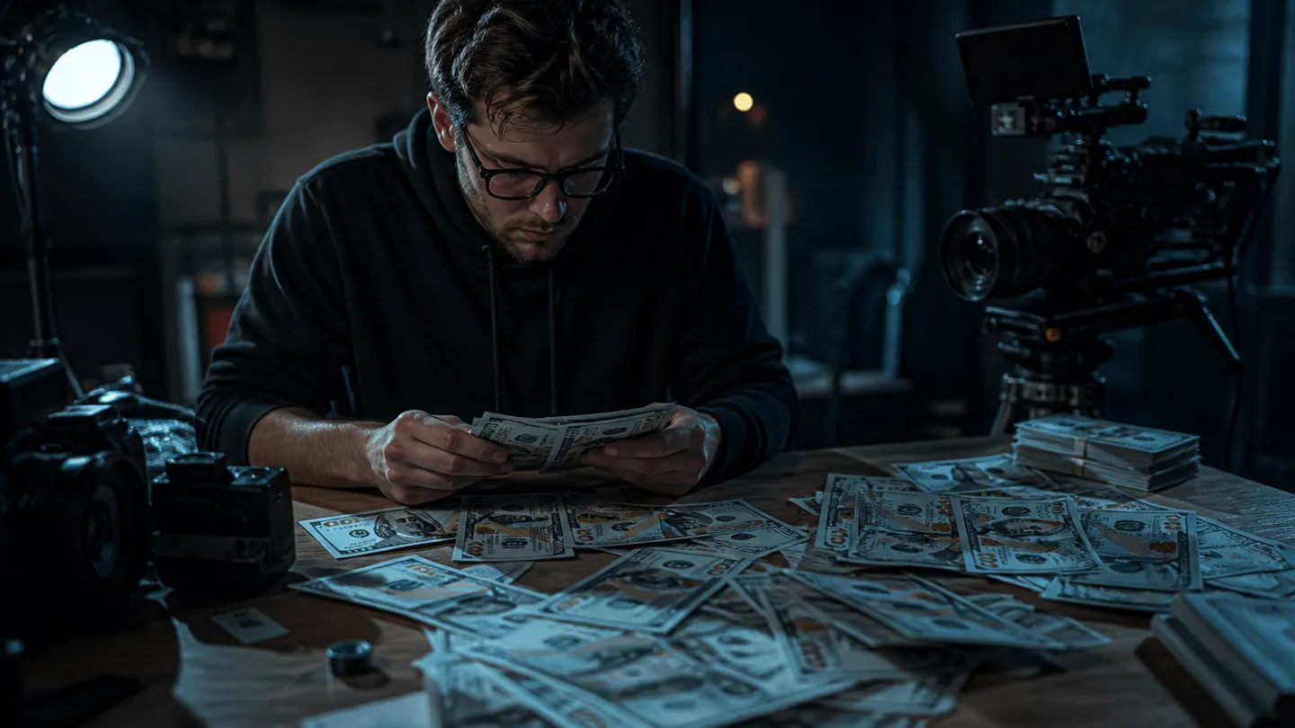 A filmmaker examines realistic prop money in a dimly lit studio, surrounded by filming equipment.