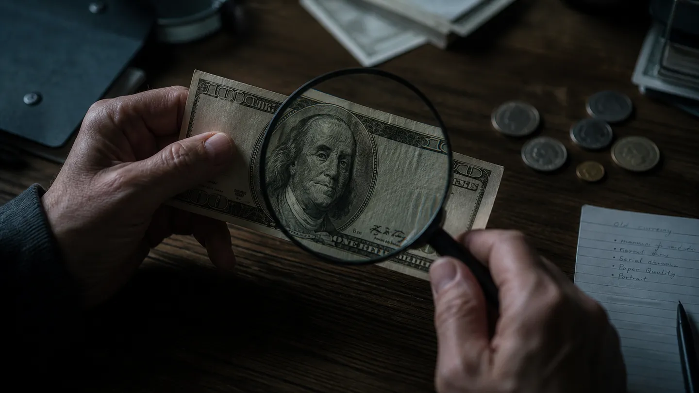 A person closely examining an old $100 bill with a magnifying glass, focusing on its security features.