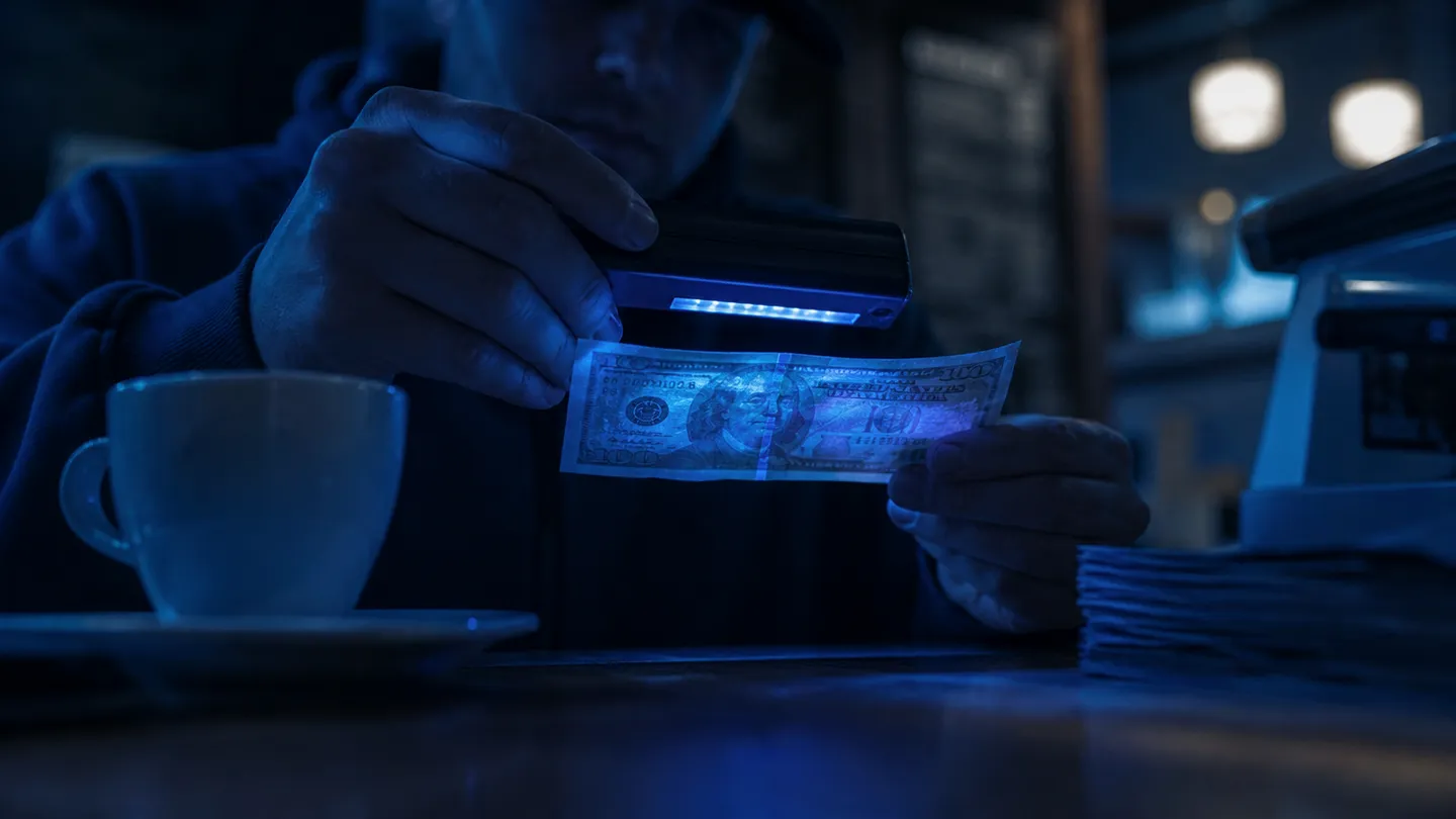A person checking a $20 bill with UV light in a cafe, illustrating counterfeit detection techniques.