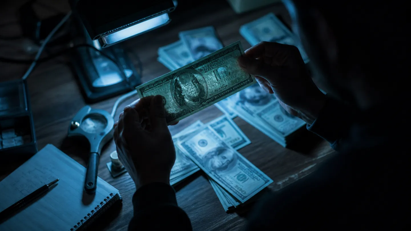 A person scrutinizing counterfeit dollar bills in a dimly lit room, highlighting the importance of recognizing fake money.