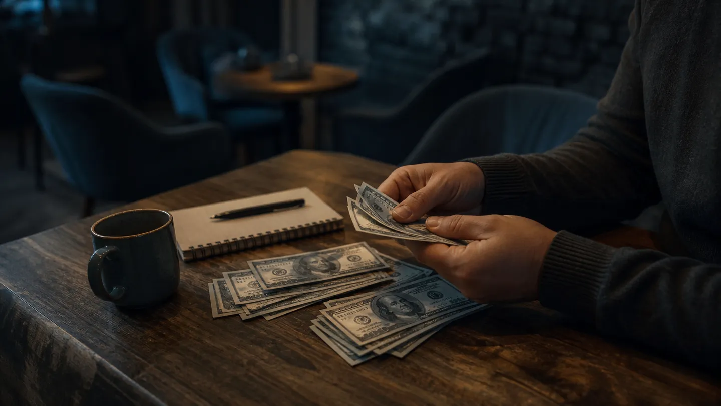 A person sorting through fake dollar bills in a cozy cafe, examining their features and details.