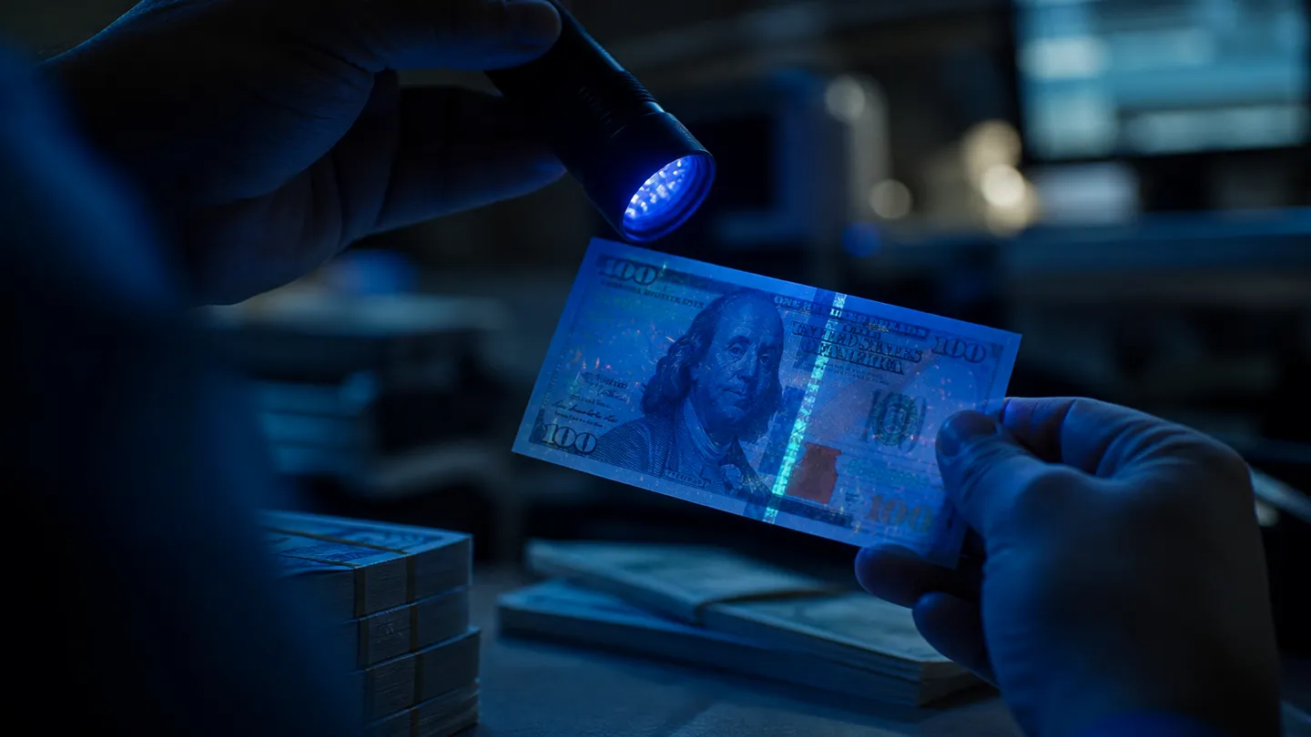 A person checking a $100 bill with ultraviolet light to identify security features.