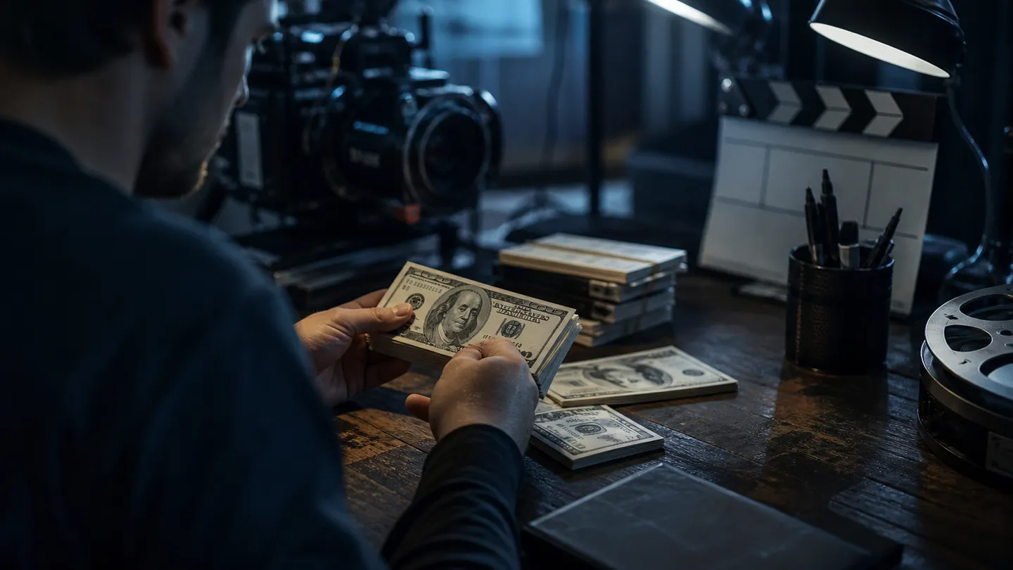 A person inspecting a stack of realistic prop money on a desk with film equipment.