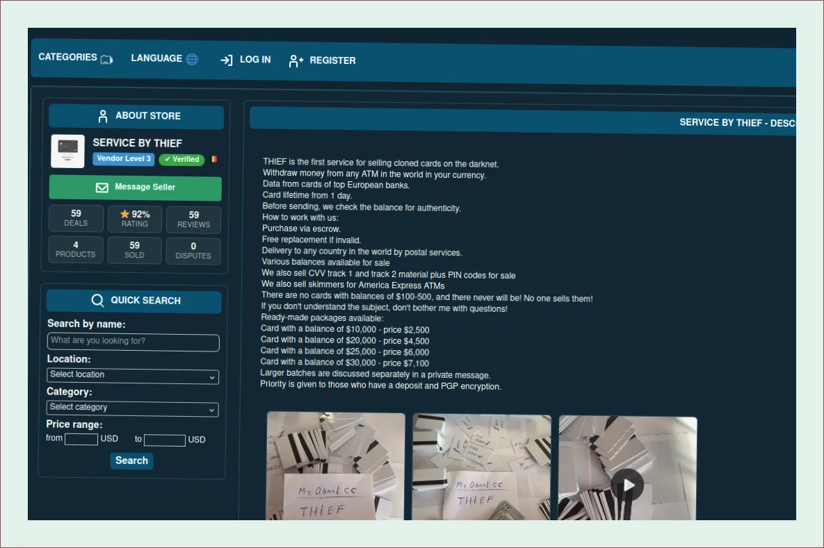 Marketplace interface offering cloned cards and related services
