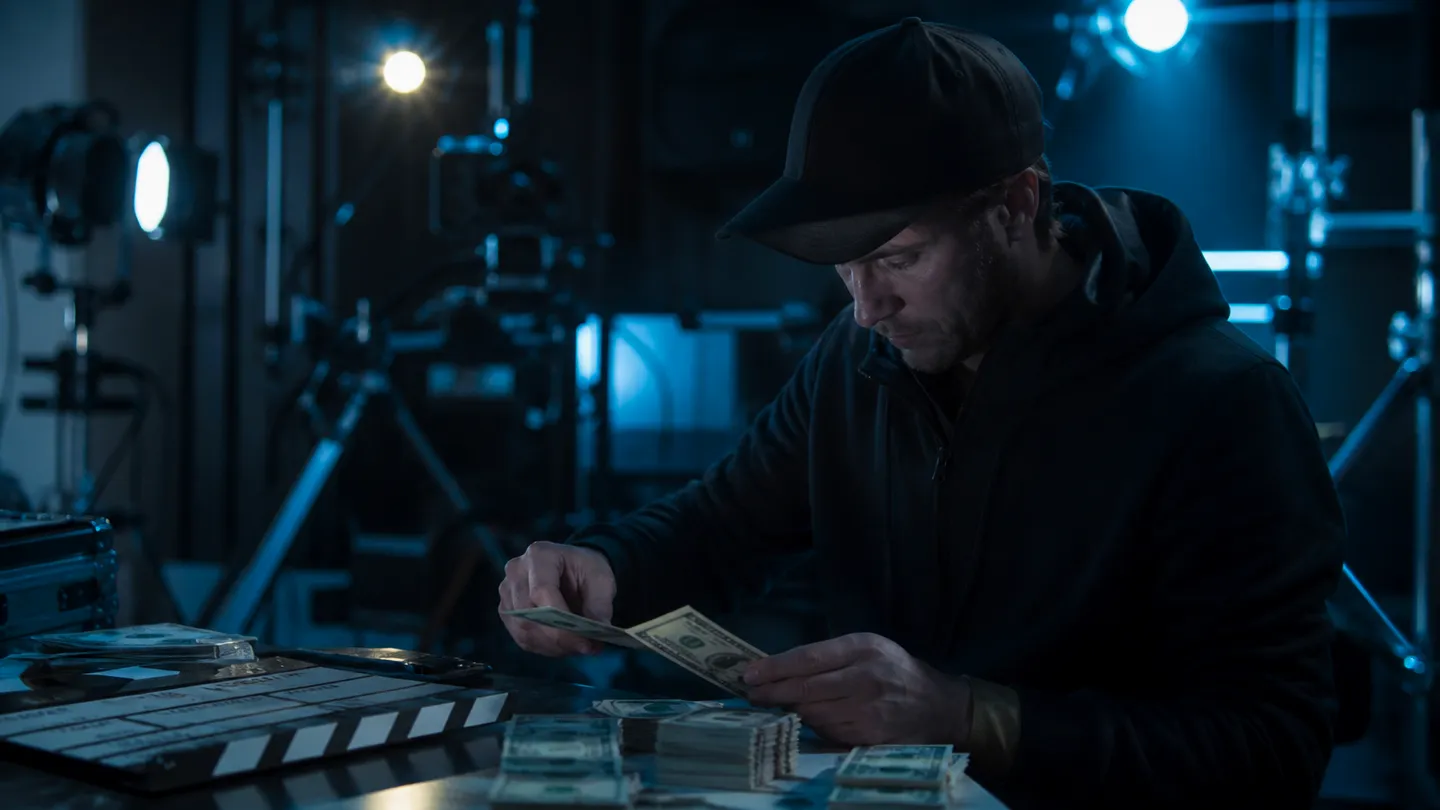 A person inspects realistic prop money on a film set, highlighting the legal aspects of purchasing fake currency.