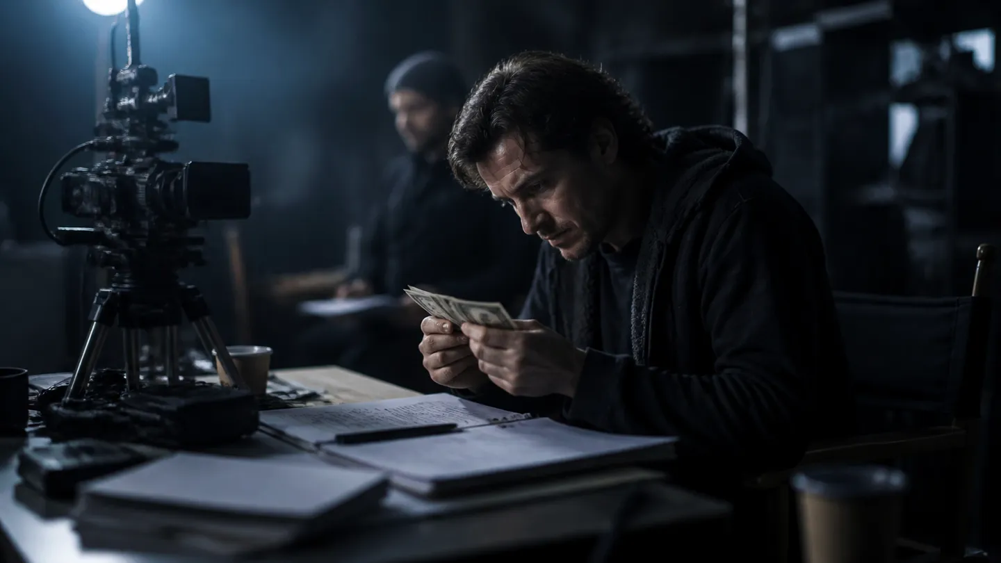 Filmmaker inspecting realistic prop money among filmmaking equipment on set.