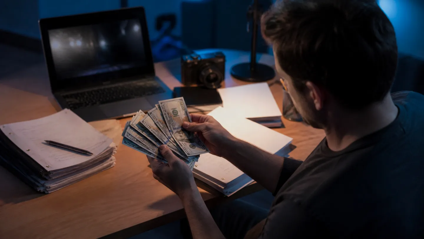 A person in a home office examining realistic prop money for film projects, showcasing the practical use of compliant currency.