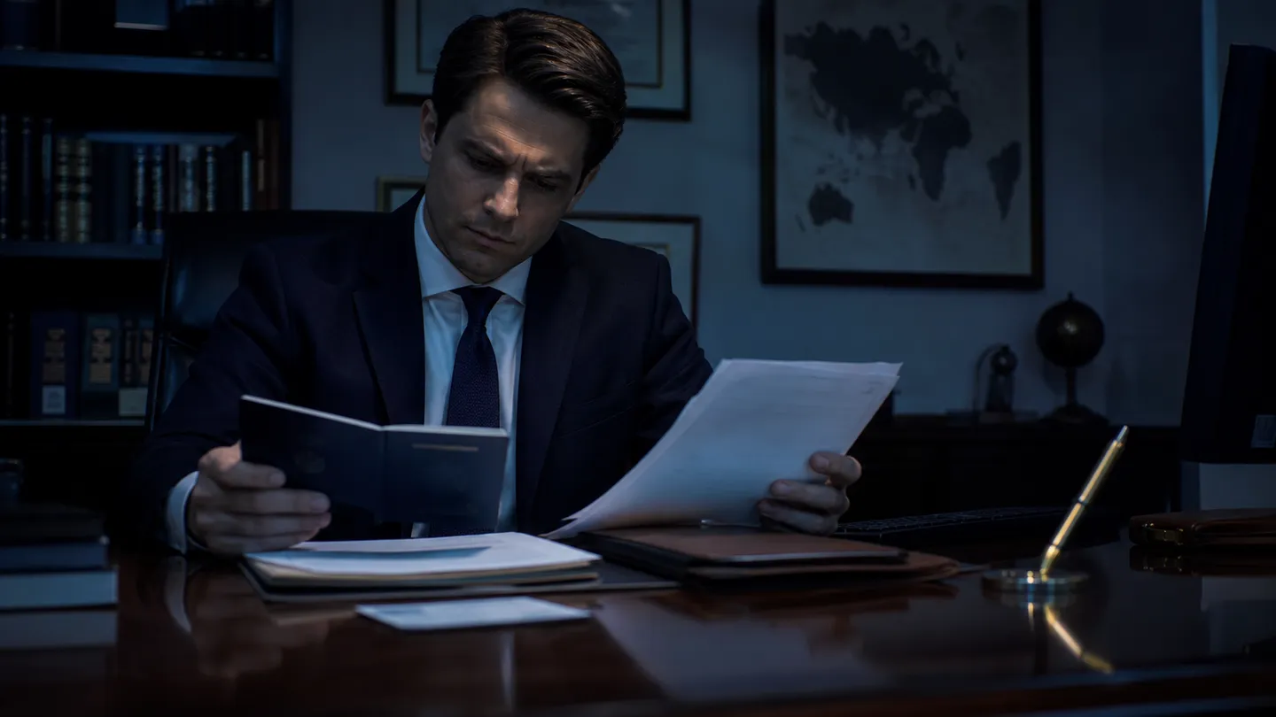 A diplomat at a consulate desk reviewing official documents, highlighting the process of obtaining a diplomatic passport.