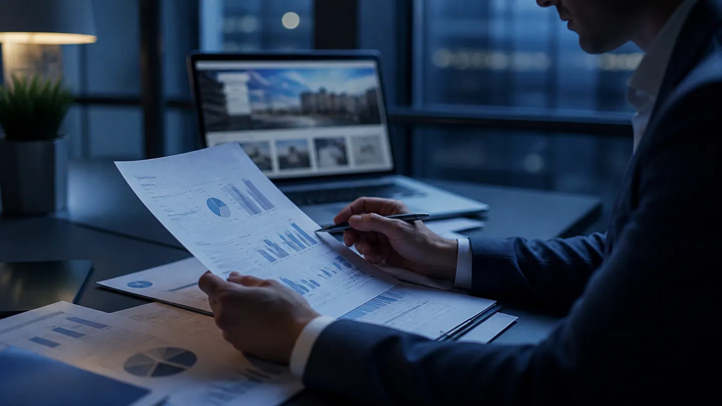 A professional examining investment papers for the EB-5 program in an office setting, relevant to Green Card acquisition.