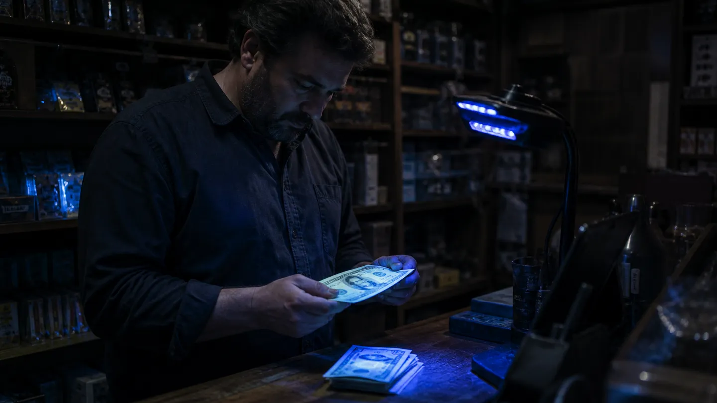 A small business owner examines prop $20 bills at a counter, highlighting counterfeit detection.